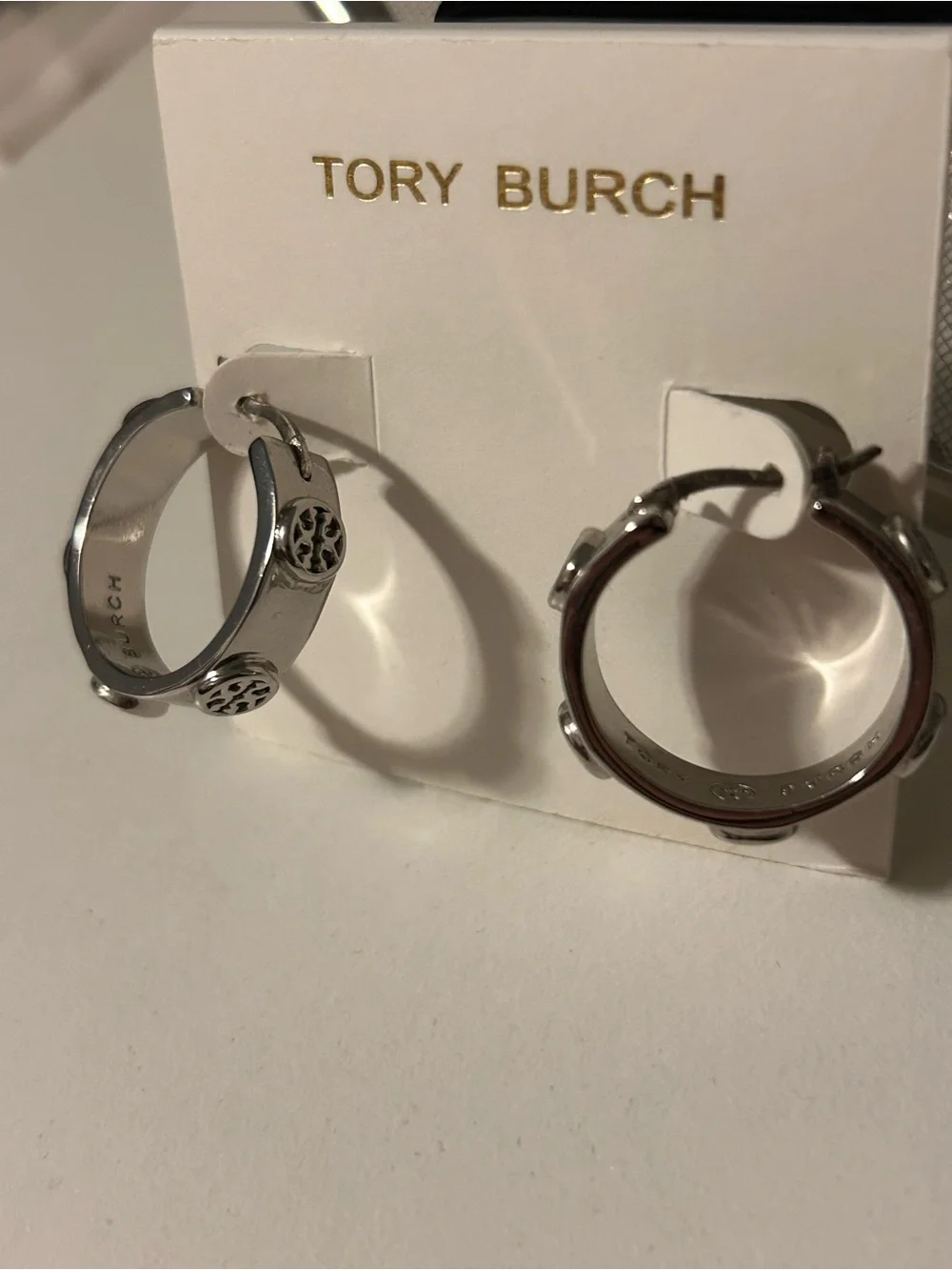Tory Burch Miller Logo Silver Hoop Earrings Studded Medallion Huggie Hoops